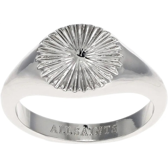 AllSaints Rhodium Plated Textured Fan Signet Ring Silver Tone Brass Metal New - Picture 1 of 4